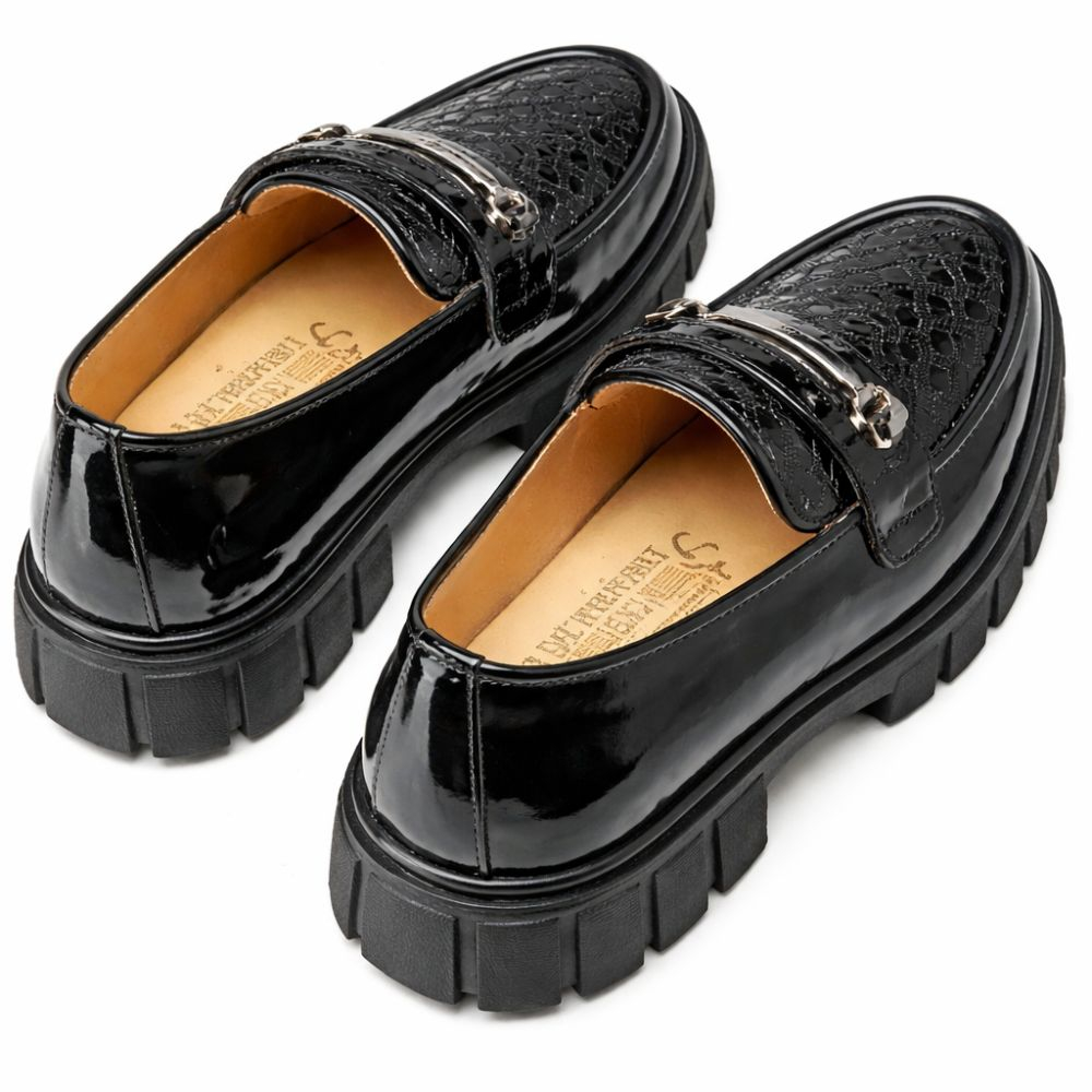 Glossy Black Slip On Dress Loafers with Metal Accent